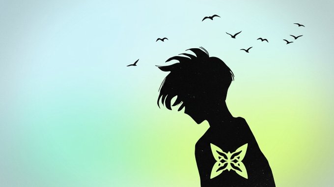 A silhouette of a person with a butterfly emblem on their chest looking downward, with birds flying out from where their head would be, set against a gradient sky.