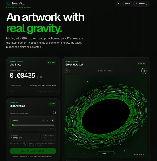 A webpage for the 'Green Hole' NFT project with the tagline 'An artwork with real gravity,' showing a current mint price of 0.00435 ETH and 'Green Hole #27'.