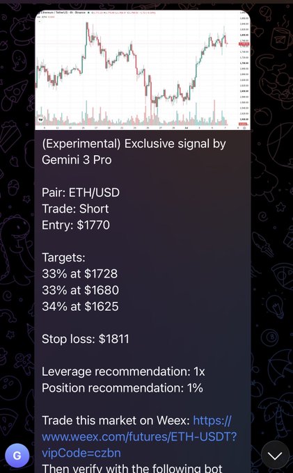 Trading signal for ETH/USD pair showing a Short trade with entry at $1770, targets at $1728, $1680, and $1625, with stop loss at $1811 and leverage recommendation of 1x.