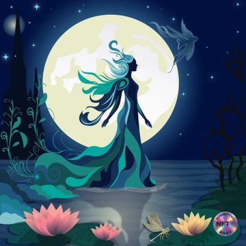 A stylized digital illustration of a silhouetted woman with flowing hair holding a butterfly net, standing in front of a large full moon, surrounded by lotus flowers, lily pads, and a dragonfly, with 'NFT' text visible in the bottom right corner.