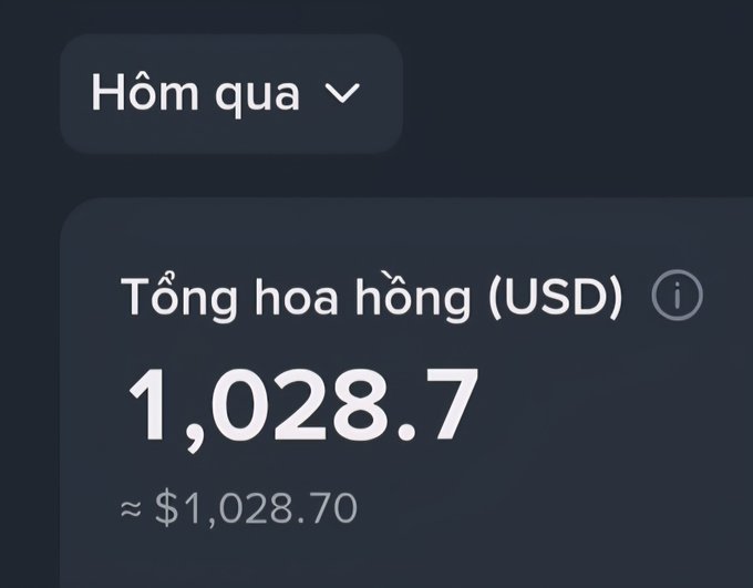 A dark-themed mobile app screen in Vietnamese showing 'Hôm qua' (Yesterday) with total commission earnings ('Tổng hoa hồng') of 1,028.7 USD.