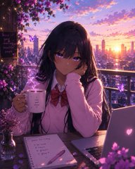 An anime-style illustration shows a dark-haired girl with purple eyes holding a coffee cup, set against a sunset cityscape with cherry blossoms and a notebook on a desk.