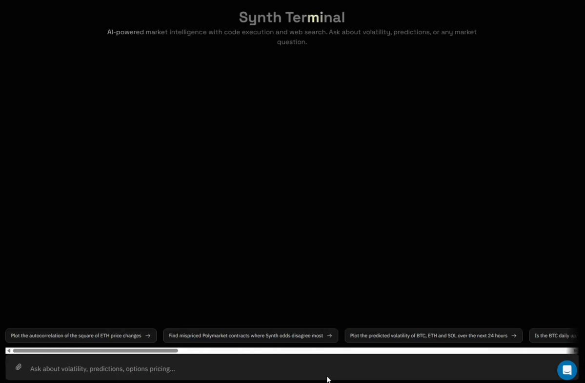 The image shows a computer screen displaying a website called "Synth Terminal" with a black background. The website appears to be an AI-powered tool that provides market intelligence by analyzing data from various sources, such as news articles and social media posts. It offers a prompt for users to input their desired parameters, which then generates the most mathematically precise outcomes about the likelihood of a 3% TSLA move in the next 12 hours. The website also includes a "What's the probability of" feature that provides additional context on the market sentiment.
