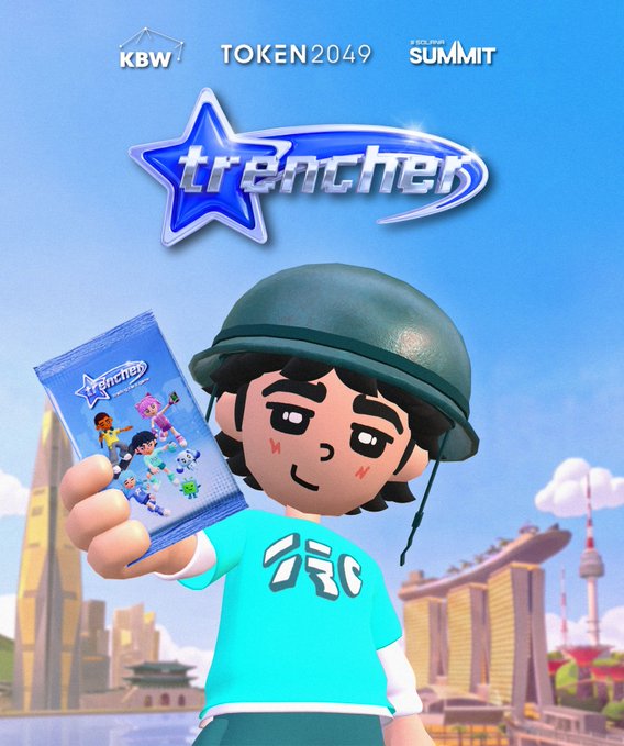 Promotional image for 'trencher' token featuring KBW, TOKEN 2049, and SOLANA SUMMIT logos, showing a 3D cartoon character in a green helmet holding a blue pack against a city skyline.