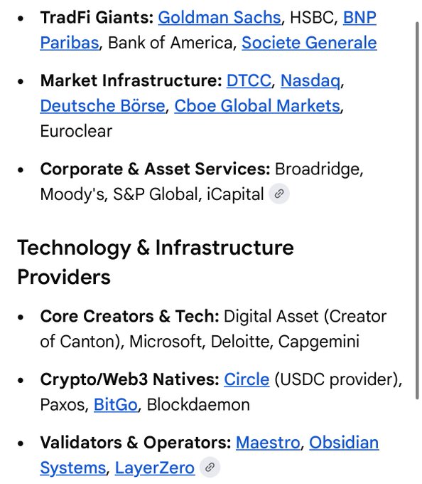 The image shows a list of companies with their names displayed along with descriptions. The text indicates that these are partners or associates rather than investors. The first company listed is "Canton Network", followed by "@CantonNetwork" and then "@CantonNetwork". The next company on the list is "Partners", which is also followed by "@Partners". The last company in the list is "USDC Provider", as indicated by the text.