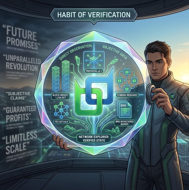 An anime-style illustration titled 'HABIT OF VERIFICATION' showing a male character holding a holographic shield labeled with technical terms like 'PROTOCOL v2.1', 'BLOCK HEIGHT', 'STAKING REQUIRES', 'BNS', and 'NETWORK EXPLORER: VERIFIED STATE', with phrases such as 'FUTURE PROMISES', 'UNPARALLELED REVOLUTION', 'SUBJECTIVE CLAIMS', 'GUARANTEED PROFITS', and 'LIMITLESS SCALE' in the background.