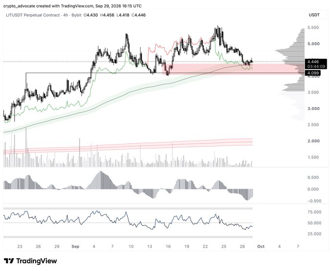 A TradingView chart of the LITUSDT Perpetual Contract on a 4-hour timeframe, showing candlestick price action around 4.418 with red and green trend lines, volume bars, and an RSI indicator.