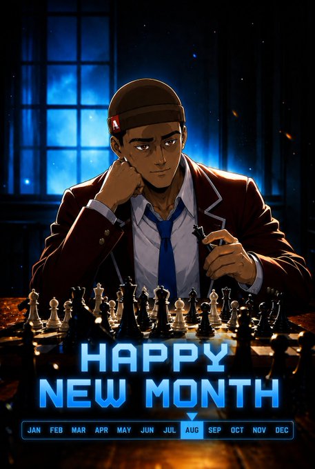 An anime-style illustration of a young man in a brown jacket and cap playing chess, with 'HAPPY NEW MONTH' text and a calendar showing August highlighted at the bottom.