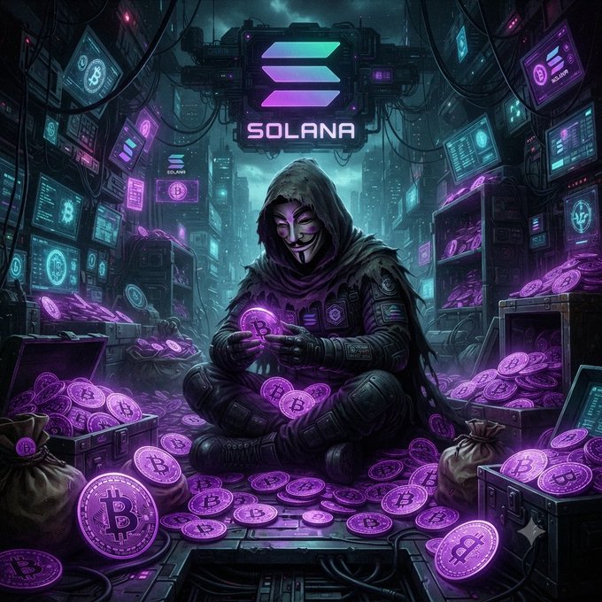 A digital illustration of a hooded figure in a Guy Fawkes mask sitting amidst piles of glowing purple Bitcoin coins in a neon-lit server room, with the 'SOLANA' logo displayed prominently above.