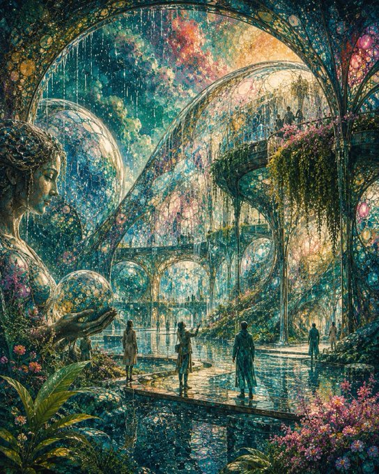A mystical, dreamlike scene unfolds beneath glass-like archways where ethereal figures wander through cascading waters and luminous flora, capturing the post's theme of rebirth as the first rain transforms an otherworldly landscape into a sanctuary of renewal—echoing the contemplative message that hope emerges when the ordinary becomes miraculous again.