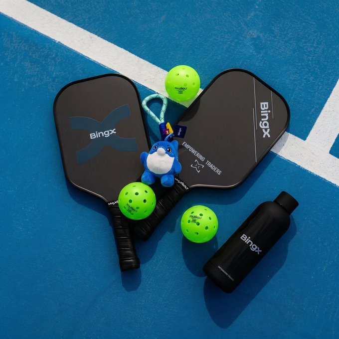 Two BingX pickleball paddles, three Head pickleballs, a BingX water bottle, and a small blue Yeti mascot plushie arranged on a blue sports court.