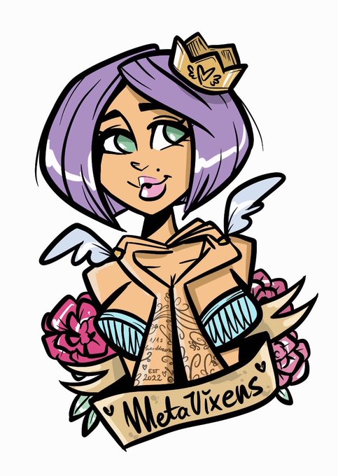 A cartoon woman with purple hair and a small crown above a banner that reads 'MetaVixens', displayed with pink roses and wings.