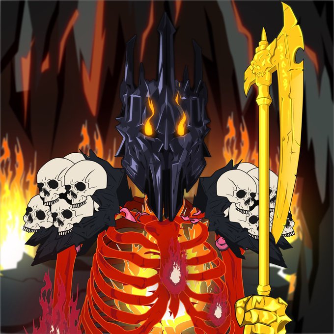 Dark fantasy illustration of a skeletal figure with a flaming skull helmet, skull-adorned shoulder armor, and a golden scythe in a fiery cave setting.