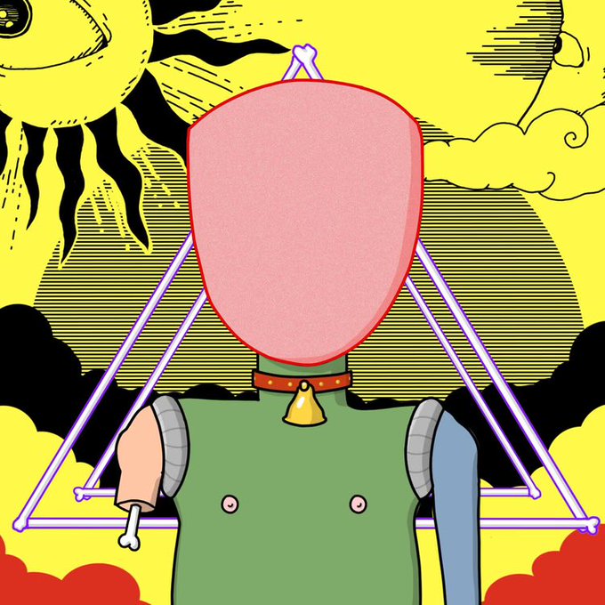 A surreal illustration shows a faceless figure with a large pink oval for a head, wearing a green tank top and a collar with a bell, holding a bone, against a bright yellow background with black sun rays.