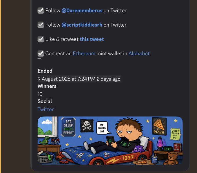 A Twitter giveaway task list requiring users to follow @0xrememberus and @scriptkiddiesrh, retweet, and connect an Ethereum wallet, featuring a cartoon illustration of a man on a racecar bed.