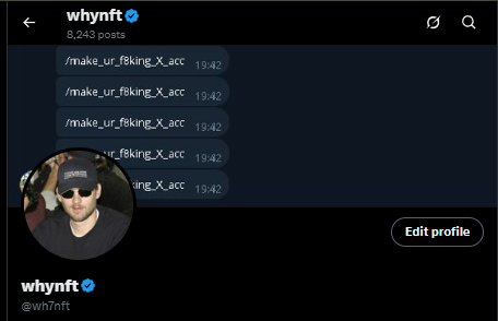 The Instagram profile of "whynft" (@wh7nft) is shown with 8,243 posts, displaying a banner repeated with the text "/make_ur_fcking_X_acc" timestamped at 19:42. The profile picture features a man wearing sunglasses and a hat, matching the post's discussion about using banner space for advertising purposes.