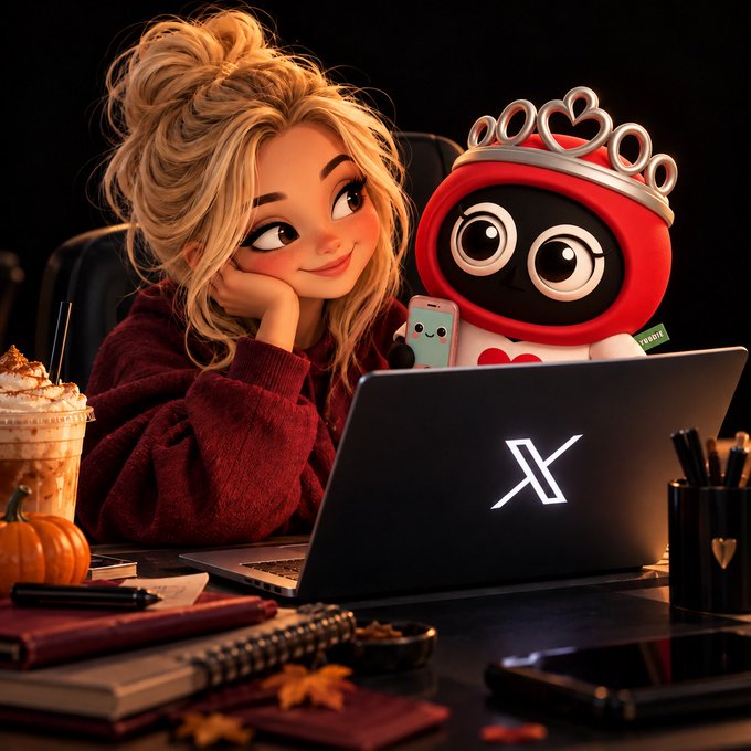 A stylized digital illustration of a blonde woman sitting next to a red and black robot with heart-shaped eyes, both looking at a laptop displaying the X logo, with a coffee drink and small pumpkin on the desk.