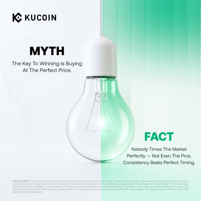 A KuCoin promotional image features a hanging lightbulb against a split white and green background, contrasting the "MYTH" that "The Key To Winning Is Buying At The Perfect Price" with the "FACT" that "Nobody Times The Market Perfectly — Not Even The Pros. Consistency Beats Perfect Timing." The design reinforces the post's message about abandoning the pursuit of perfect market timing in favor of consistent investing habits like Auto-Invest.