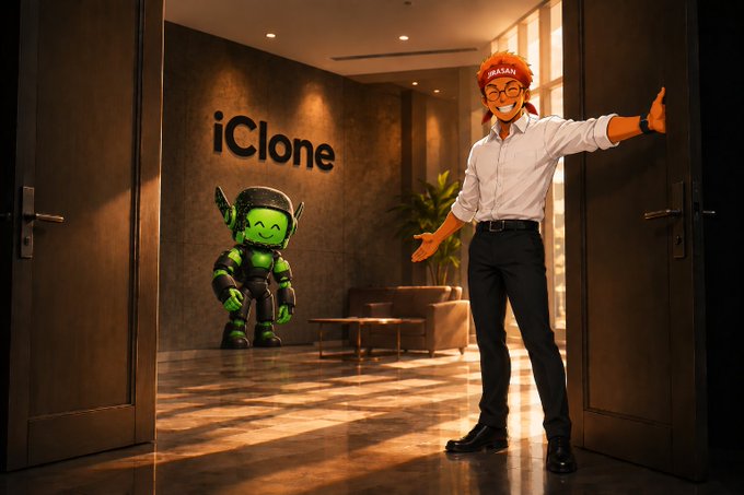 A 3D-rendered scene showing a cheerful red-haired man in glasses and a white shirt welcoming visitors through open double doors, with the text 'iClone' on the wall and a green robot character standing in the background.