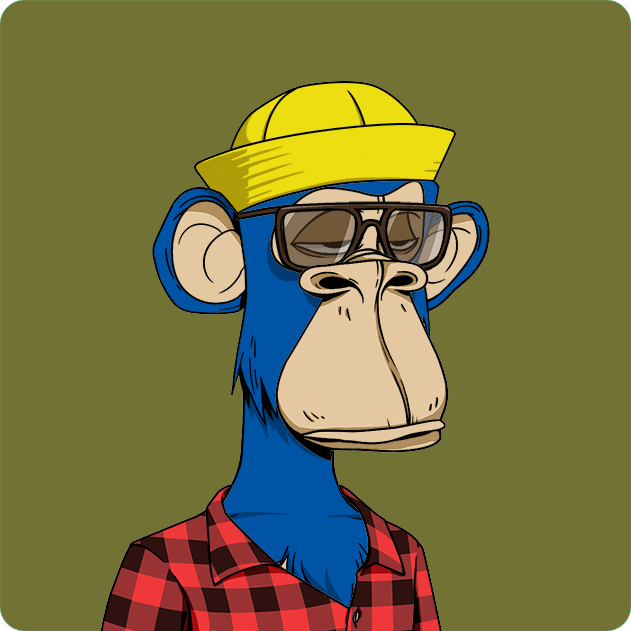 A stylized cartoon monkey character with blue fur, wearing a yellow bucket hat, dark sunglasses, and a red and black plaid shirt against an olive green background, representing the user's first NFT PFP (profile picture) purchase from 2021. No visible text, numbers, or ticker symbols appear in the image itself.
