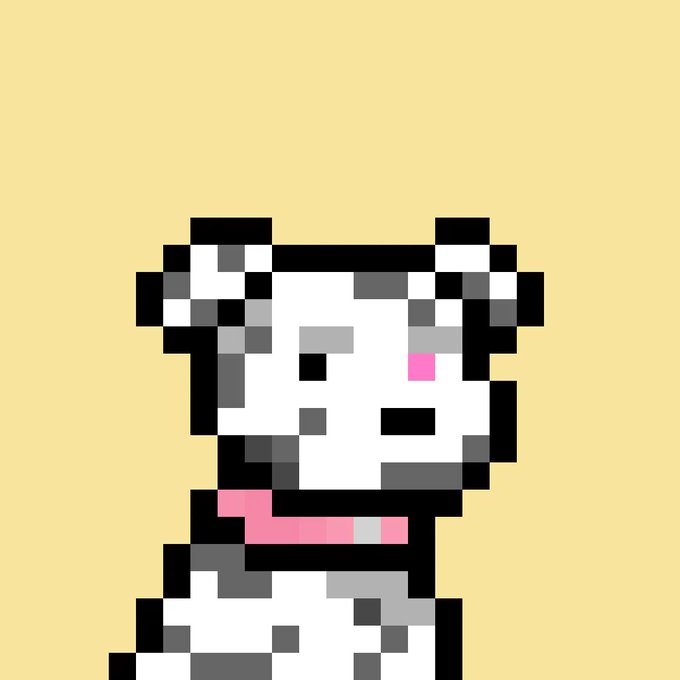 Pixel art illustration of a white cat with black spots, pink cheeks, and a pink collar on a yellow background.