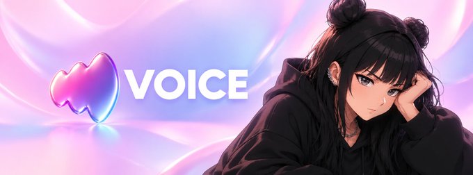 An illustration of a dark-haired anime-style girl in a black hoodie next to a heart-shaped logo and the word 'VOICE' against a pink and purple background.