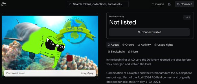 An OpenSea NFT listing page showing an asset titled "Not listed" featuring artwork of a green dolphin-elephant hybrid with "Earth Day" text, referencing the 2024 AO Raid contest.