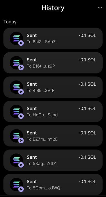 The image shows a transaction history screen displaying multiple recent "Sent" transactions of -0.1 SOL each to various wallet addresses. This aligns with the post's claim of sending money, as the repeated 0.1 SOL transfers (approximately $15-20 worth each) to multiple recipients suggest a giveaway-style promotion, with the post asking for retweets and Telegram group joins in exchange for the payouts.