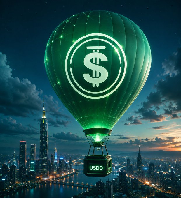 A glowing green hot air balloon emblazoned with a dollar sign emblem and labeled "USDD" floats above a twilight city skyline, symbolizing the stablecoin's continuous global reach and round-the-clock availability as referenced in the post about USDD's 24/7 digital dollar transfers powered by TRON's infrastructure.