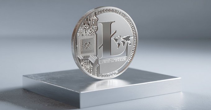 A silver Litecoin (LTC) coin rests on a metallic platform, showcasing the coin's iconic embossed design featuring circuit-like patterns, a world map, and the text "VIRES IN NUMERIS" and "FUND COIN." The image visually represents the cryptocurrency's identity as "digital silver," aligning with the post's exploration of Litecoin's origins, technology, and tokenomics.