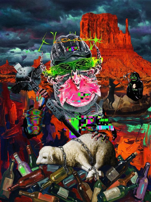 A surreal digital artwork depicting a headless figure in chainmail armor with glitchy, colorful digital distortions, surrounded by bottles, a chained lamb, and a desert mesa backdrop.