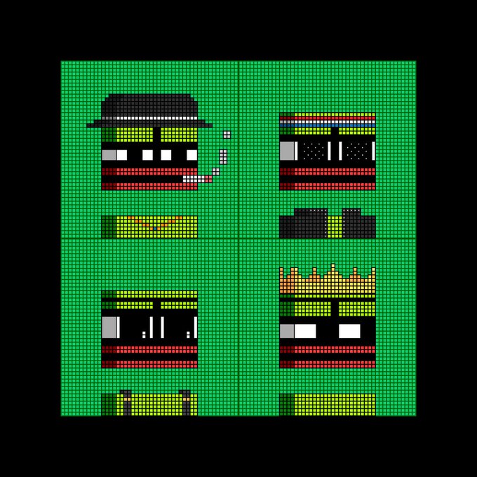 A pixel art image depicting four train or subway car faces with different expressions on a green grid background, rendered in a retro 8-bit style.