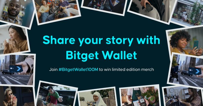 A promotional graphic for Bitget Wallet featuring a collage of diverse users' photos surrounding the central text "Share your story with Bitget Wallet" and "Join #BitgetWallet100M to win limited edition merch," encouraging users to share their personal experiences with the platform to celebrate reaching 100 million users and win exclusive merchandise.