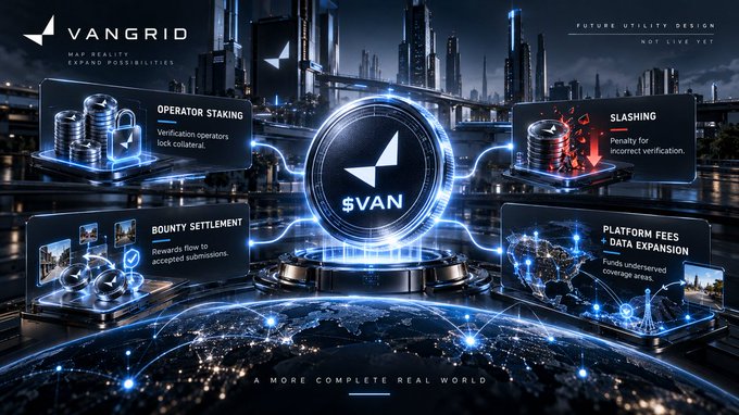 A futuristic promotional graphic for "VANGRID" featuring the $VAN token logo in the center, surrounded by sections labeled "OPERATOR STAKING," "SLASHING," "BOUNTY SETTLEMENT," and "PLATFORM FEES + DATA EXPANSION."