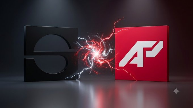A 3D rendered image showing two cubes facing each other with electric sparks between them; the left cube is black with a curved logo and the right is red with an 'A' logo.