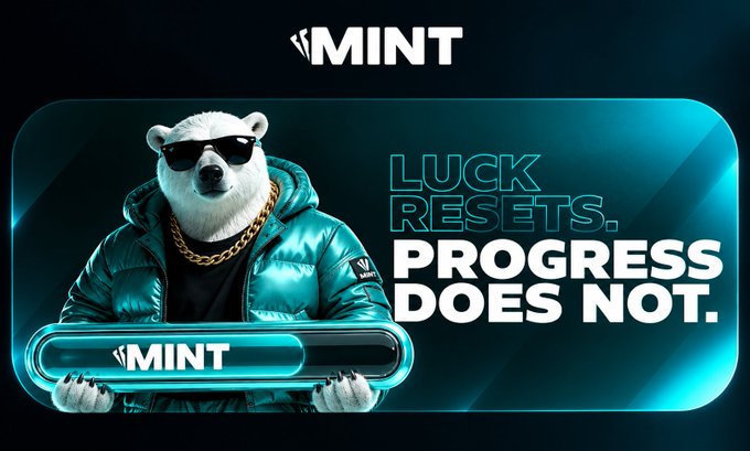 A promotional banner for MINT featuring a polar bear in sunglasses and a teal puffer jacket holding a MINT-branded bar, with the text 'LUCK RESETS. PROGRESS DOES NOT.'