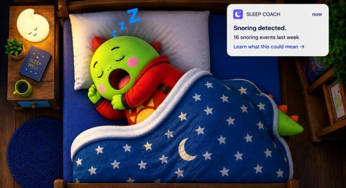 An illustrated scene of a green character sleeping in a bed with a star-patterned blanket, accompanied by a "SLEEP COACH" notification alerting that "Snoring detected" with "16 snoring events last week."