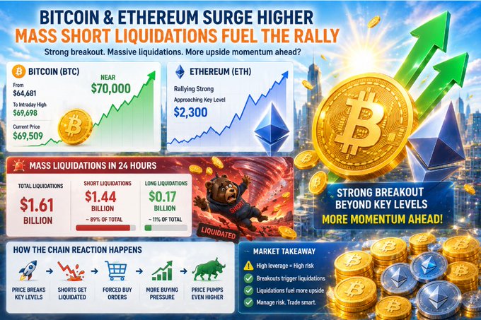 A financial infographic titled 'BITCOIN & ETHEREUM SURGE HIGHER' displaying charts, mass liquidation data ($1.61 billion), and a bullish market takeaway about crypto price increases.