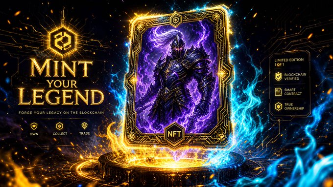 A fantasy-themed promotional graphic reading "MINT YOUR LEGEND" with the tagline "FORGE YOUR LEGACY ON THE BLOCKCHAIN," featuring a dark armored figure in a glowing purple frame surrounded by blue flames and golden accents, with features including "OWN, COLLECT, TRADE" and "LIMITED EDITION 1 OF 1."