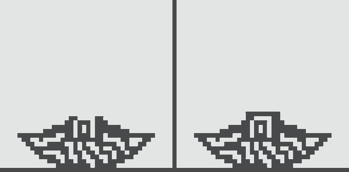 A pixel art image showing two identical winged helmet/cap designs in dark blue against a light blue background, separated by a vertical line.