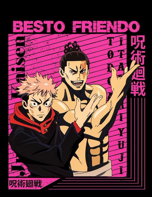 An anime-style poster featuring two characters with Japanese text "呪術廻戦" and "BESTO FRIENDO," showing characters making hand gestures against a vibrant pink background.