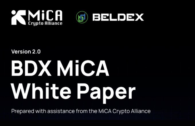 A title slide reads 'BDX MiCA White Paper Version 2.0' featuring the logos for 'MiCA Crypto Alliance' and 'BELDEX' at the top.