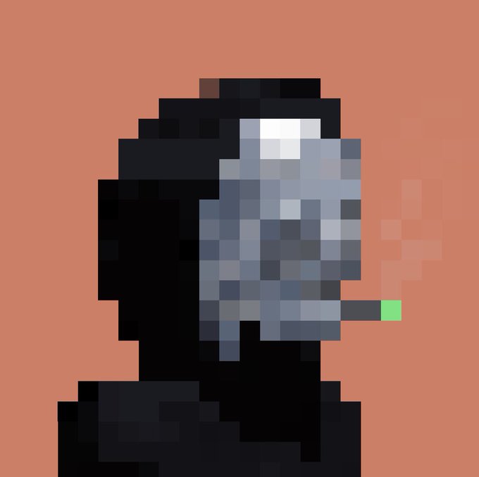 A pixel art image of a hooded figure in black robes smoking a cigarette against a brown background.