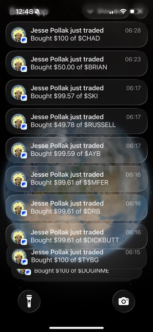 The image shows a series of iPhone notifications from the Base app, displaying trades made by Jesse Pollak, including purchases of $CHAD ($100), $BRIAN ($50.00), $SKI ($99.57), $RUSSELL ($49.78), $AYB ($99.59), $SMFER ($99.61), $DRB ($99.61), $DICKBUTT ($99.61), $TYBG ($100), and $DUGINME ($100), occurring between 06:15 and 06:28. These notifications visually confirm the post's claim that Jesse Pollak went "full meme mode" on Base, rapidly buying into a flurry of meme-themed tokens like $CHAD and $DRB within minutes.