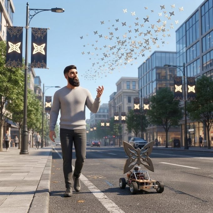 A 3D-rendered scene shows a bearded man walking down a city street alongside a small robotic vehicle. A swarm of star-shaped objects flies above them, and streetlamps are decorated with banners featuring a butterfly-like emblem.