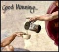 A vintage-style "Good Morning" graphic shows hands pouring coffee from a pink pot into a mug. The image accompanies a morning greeting post from the X account @loukidefi (username "GMLouki [2.0]").