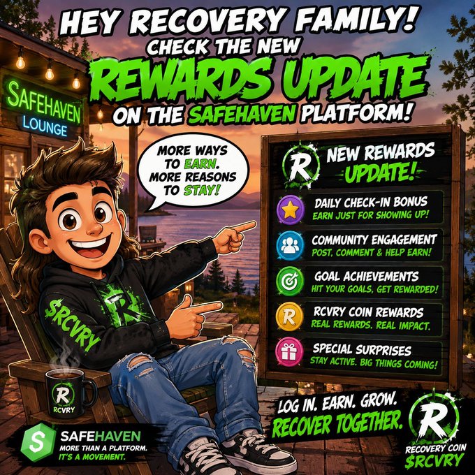 A cartoon character in a black hoodie points to a 'NEW REWARDS UPDATE!' board for the SafeHaven platform, listing features like Daily Check-In Bonus, Community Engagement, Goal Achievements, RCVRY Coin Rewards, and Special Surprises, with text reading 'LOG IN. EARN. GROW. RECOVER TOGETHER.'