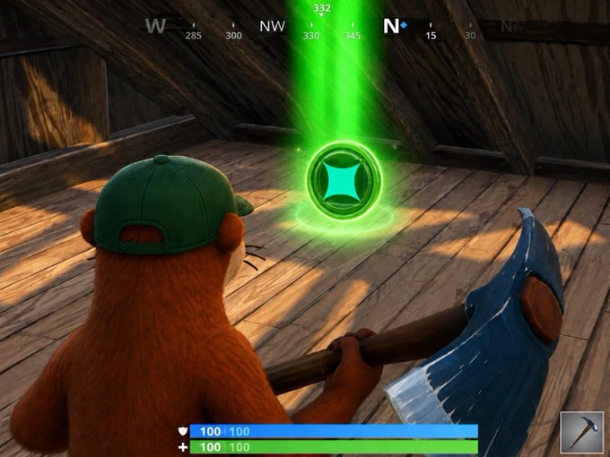 A first-person view in a video game shows a bear character wearing a green cap and holding an axe, facing a glowing green orb in an attic. The HUD displays a compass at the top with directions like W (285), NW (300, 330, 345), and N (15, 30), along with health/energy bars (100/100) at the bottom and an axe icon in the lower right. The image humorously parallels the post's "Bullieve in something" message, using the game's visual of discovering a rare glowing item to mock the speculative crypto FDV calculations.