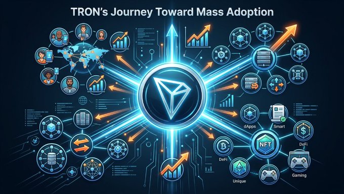 A digital infographic titled "TRON's Journey Toward Mass Adoption" features the TRON logo at the center, radiating outward to interconnected icons representing users, global networks, dApps, Smart contracts, NFTs, DeFi, and Gaming, alongside upward-trending graphs symbolizing growth. The visualization illustrates TRON's expanding ecosystem and infrastructure as it progresses toward mainstream use.