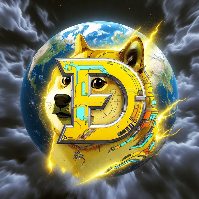 A stylized digital artwork features a Shiba Inu dog's face emerging from a glowing yellow 'D' shaped emblem, set against the backdrop of Earth.